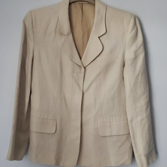 Vintage Linen Blazer Placket By English Designer Collared Neutral Pockets Preppy - Picture 2 of 11